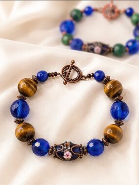 Wedding Cake Focal, Tiger’s Eye & Faceted Cobalt Crystal & Copper Clasp Bracelet